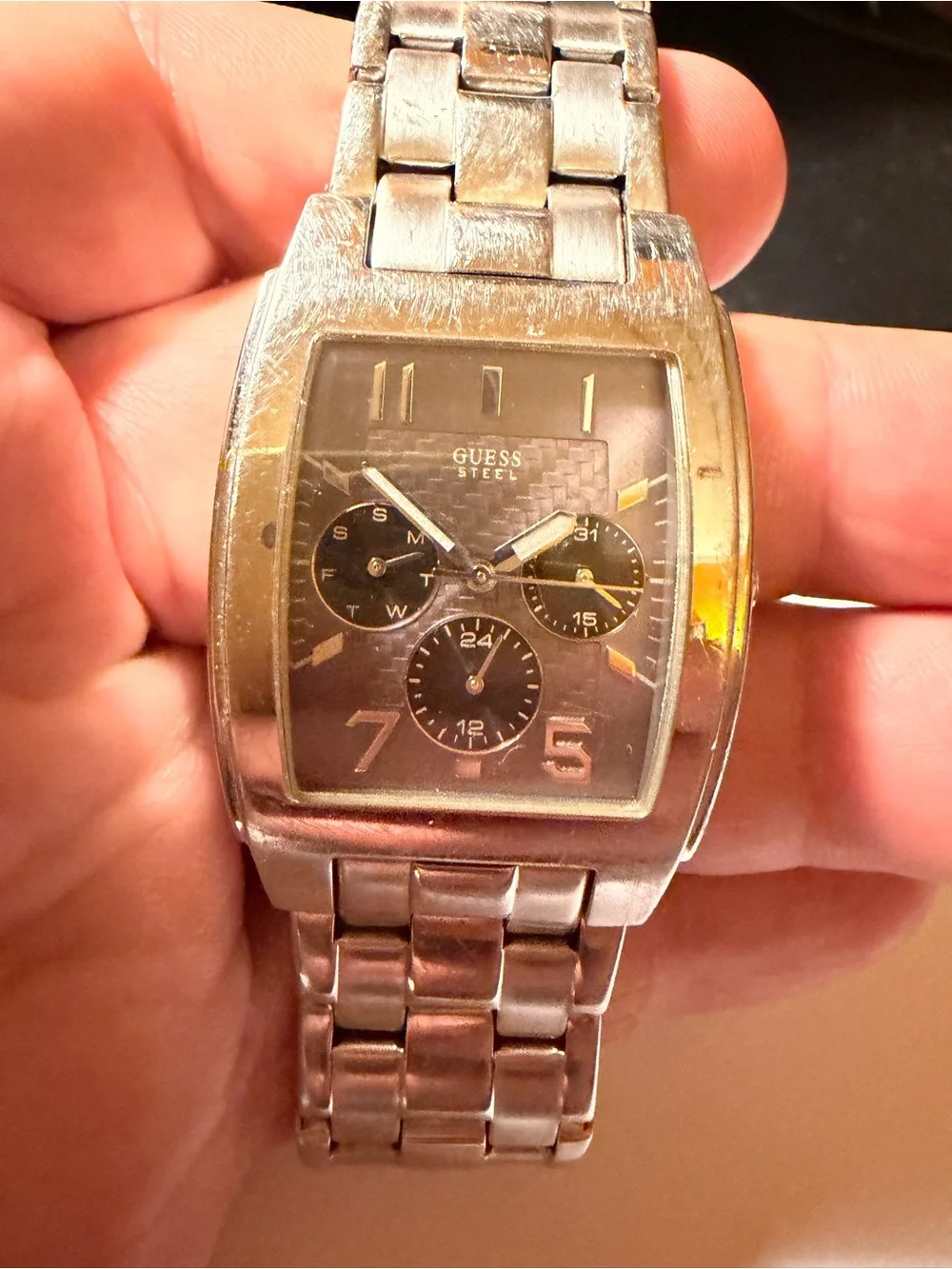 Guess Silver Tone Men's Multi-Function Stainless Watch with Black Dial